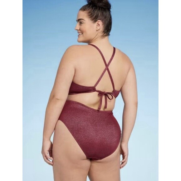 Shade & Shore Burgundy Monokini Plunge Cut Out High Leg Lured One Piece Size 17 - Picture 2 of 4
